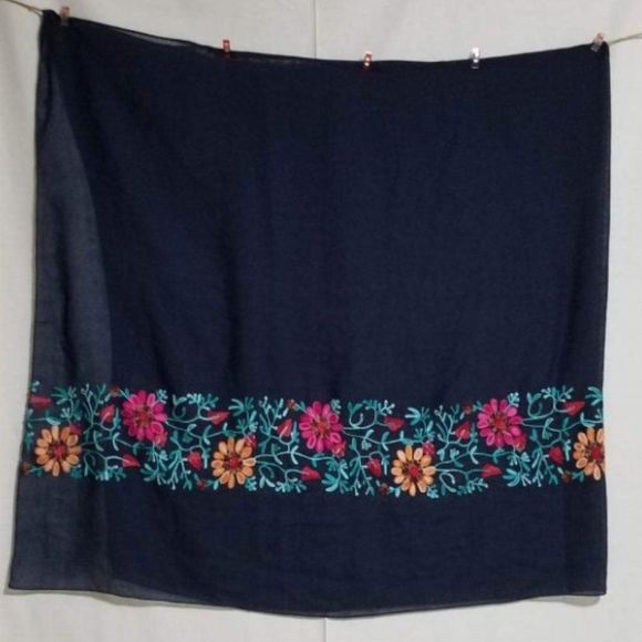 Embroidered Navy Floral Wrap / Scarf - Picture 1 of 7